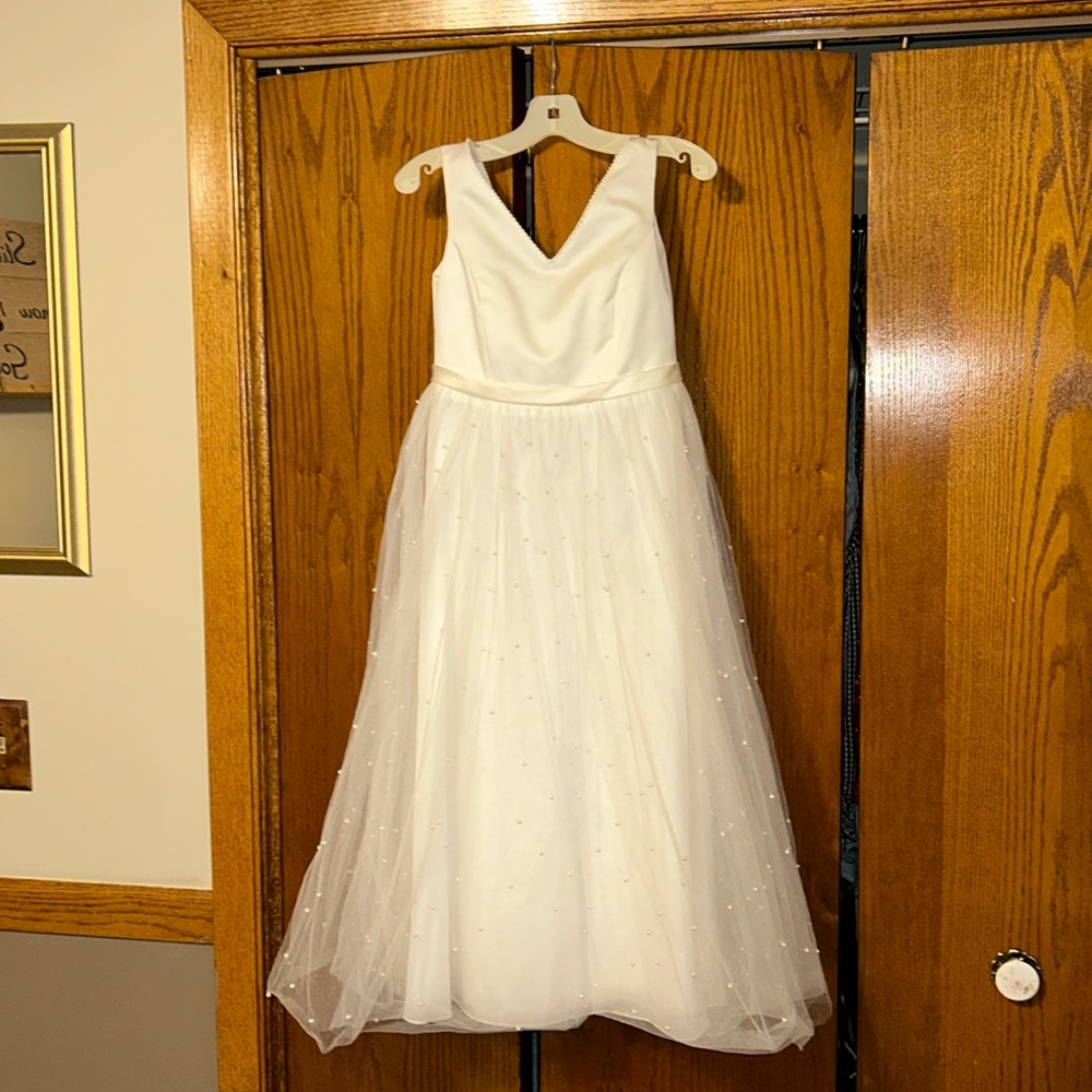 Beautiful white satin mesh pearl first holy communion flower girl wedding dress